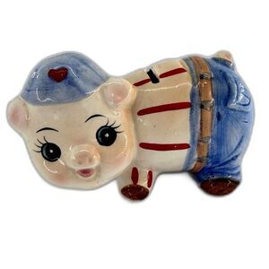 Ceramic Baby Pig Coin Bank Hand Painted In Overalls and Cap Measures 3x 3.5x 5.5